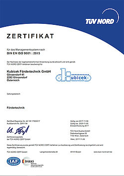 ISO Zertifikat Kubicek Fördertechnik GmbH